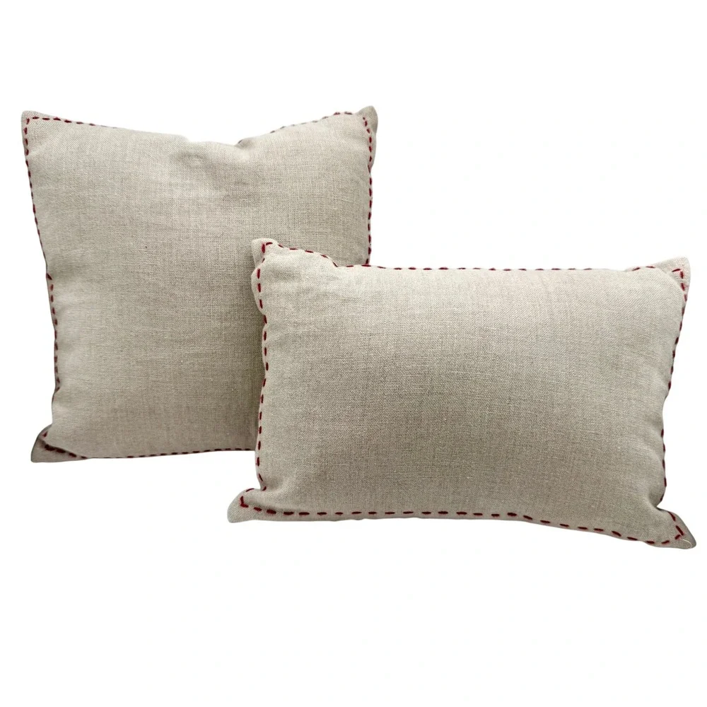 Pottery Barn Joy Peace Linen Christmas Pillows Set Red Embroidered 2009
